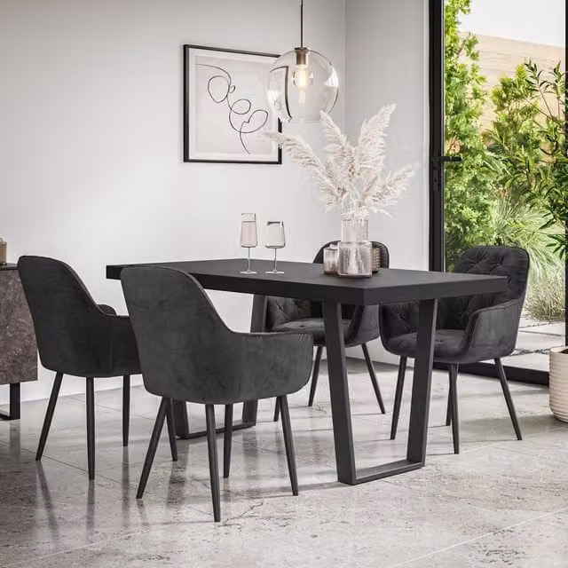 More4Homes Aria Dining Table and Anika Velvet Dining Chair Set, Black, W: 160 cm, D: 80 cm, H: 76 cm with 4 Chairs