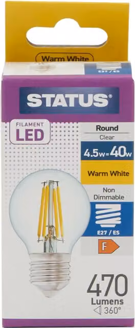 4W LED Filament Globe Light Bulb, E14, Warm White, Transparent Glass