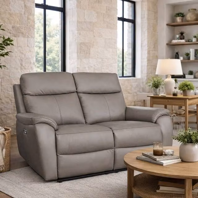Aspire Kingsmere 2 Seater Power Recliner Sofa in Grey Real Leather W/D/H: 143 x 77 x 66 cm