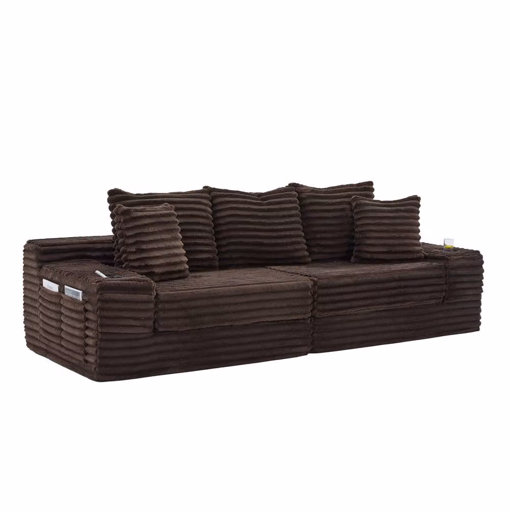 STILVORA Brown Upholstered Convertible Sofa with Cup Holders and Side Pockets – 4