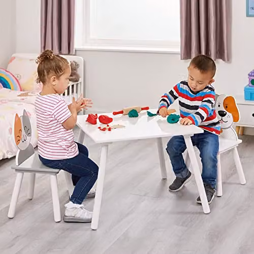 Liberty House Toys Cat and Dog Table and Chairs Set in Grey and White, H 44 cm x W 44 cm x D 60 cm – 2