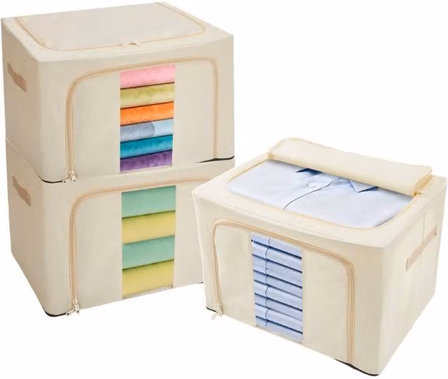 EONLION 66L Beige Foldable and Stackable Fabric Storage Box with Steel Frame, W: 50 cm x D: 31 cm x H: 50 cm