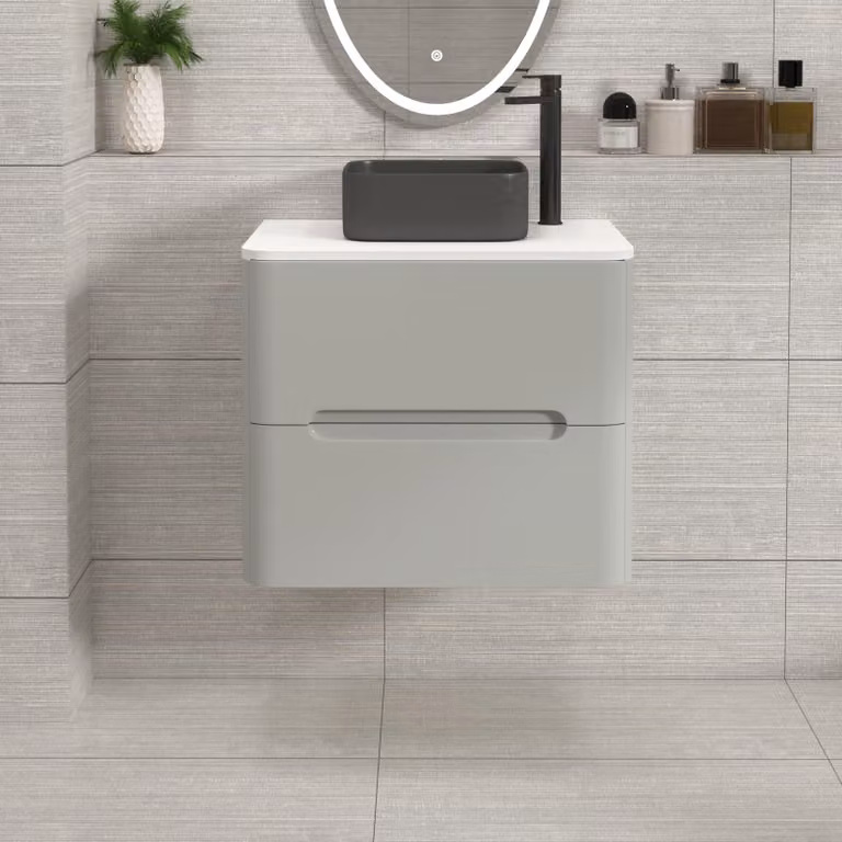 Royal Bathrooms Venice 600mm Wall Hung Vanity Unit in Dove Grey with 2 Drawers, Plain White Worktop and Art Square Basin