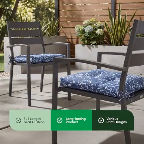 Gardenwize Hampton Pack of 2 Blue Square Outdoor Garden Chair Seat Pad Cushions with Tie Cords – 9