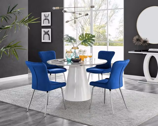 Furniturebox Palma White Marble Effect Round Dining Table and 4 Nora Blue Velvet Chairs with Silver Legs