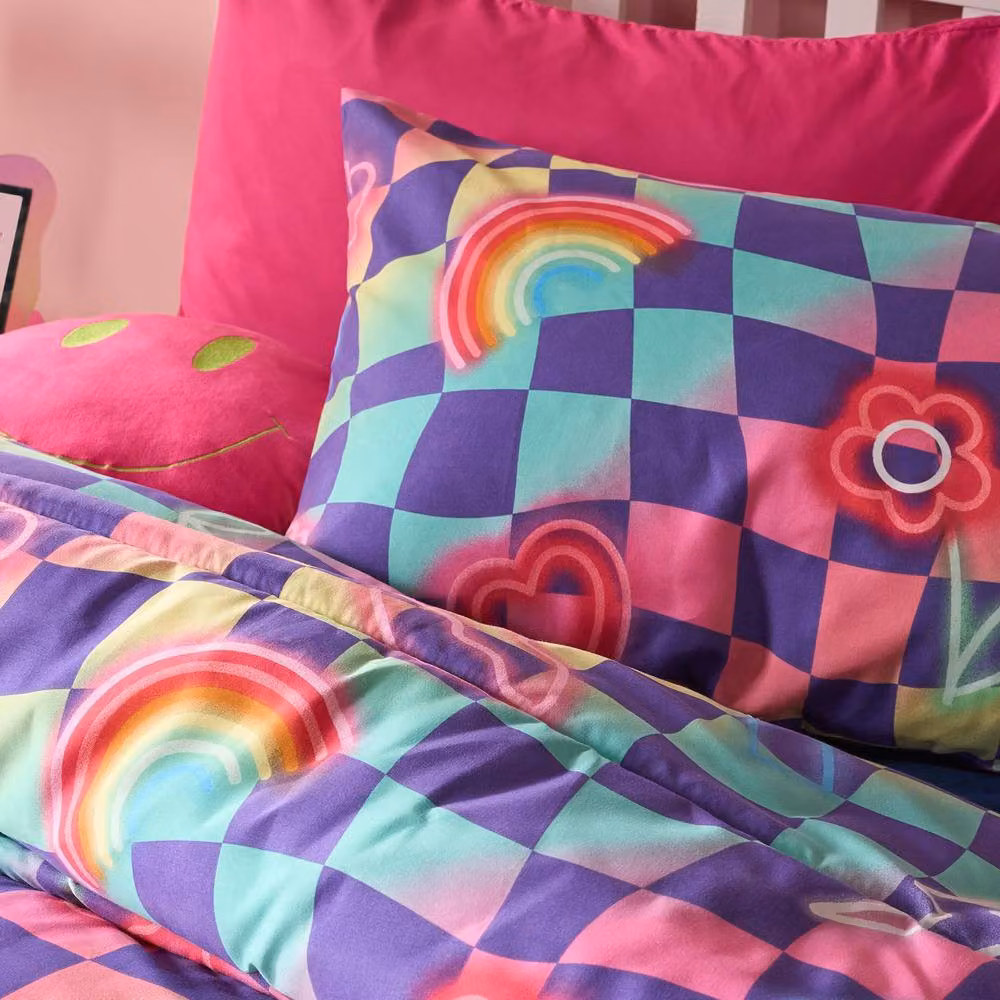 OHS Kids Checkerboard Multicolour Coverless 10.5 Tog Duvet Set and Pillowcase, Single Size – 2