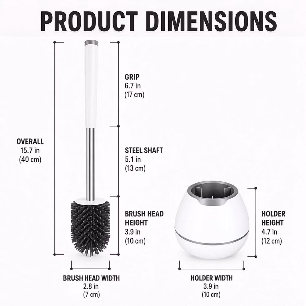 NESTLUNE Soft Silicone Bristle Toilet Brush and Holder with Stainless Steel Stand, White, H: 100 cm, W: 15 cm, D: 15 cm – 2