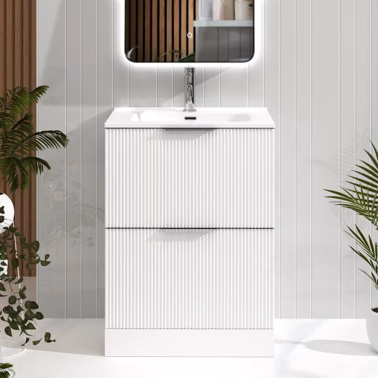 Royal Bathrooms Evora 600mm Matt White Fluted Floor Standing 2 Drawer Vanity Unit with Ceramic Basin