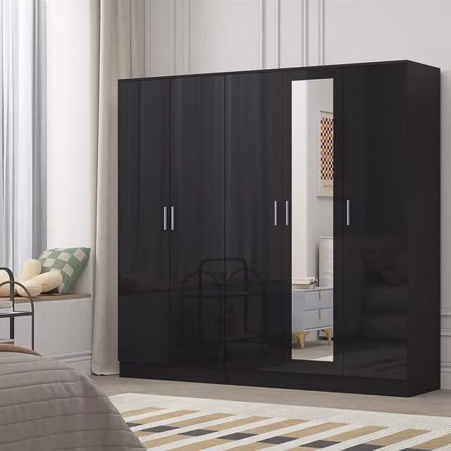 REFLECT Gloss Wardrobe Bundle with 3-Door Mirror and 2-Door Plain Design in Black Gloss and Matt Black