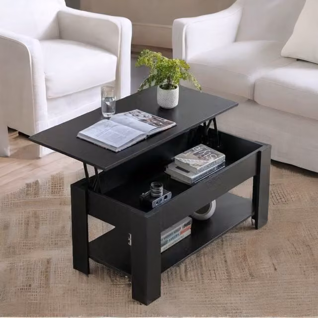 Rafaelo Mobilia Industrial Lift Top Coffee Table with Hidden Storage in Black