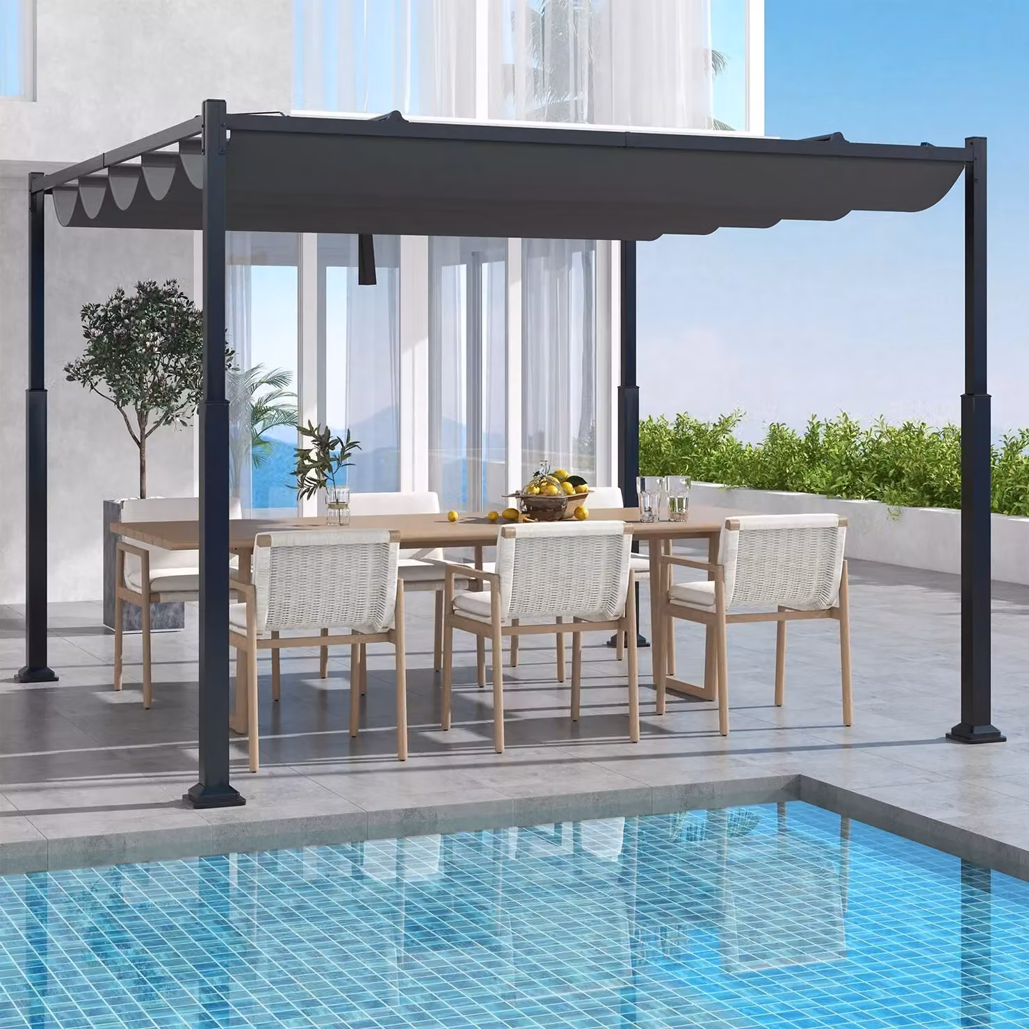 Costway Grey Outdoor Pergola with Retractable Canopy and Heavy-Duty Metal Columns, W: 310 cm, D: 310 cm, H: 225 cm – 3