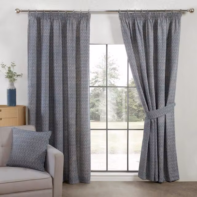 Sundour Aztec Navy Blue Pencil Pleat Fully Lined Ready Made Curtain Pair, Width: 168 cm, Drop: 229 cm – 1
