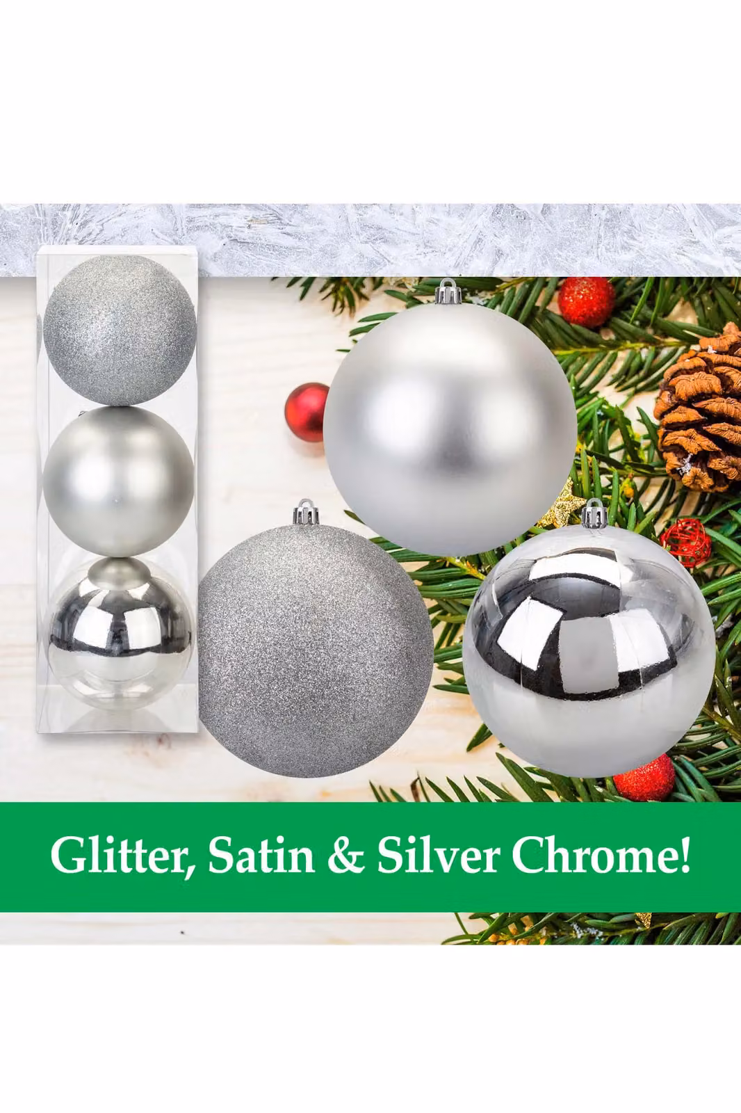VFM e-Store Silver Round Christmas Baubles, 3 Pack, Diameter: 12 cm – 2