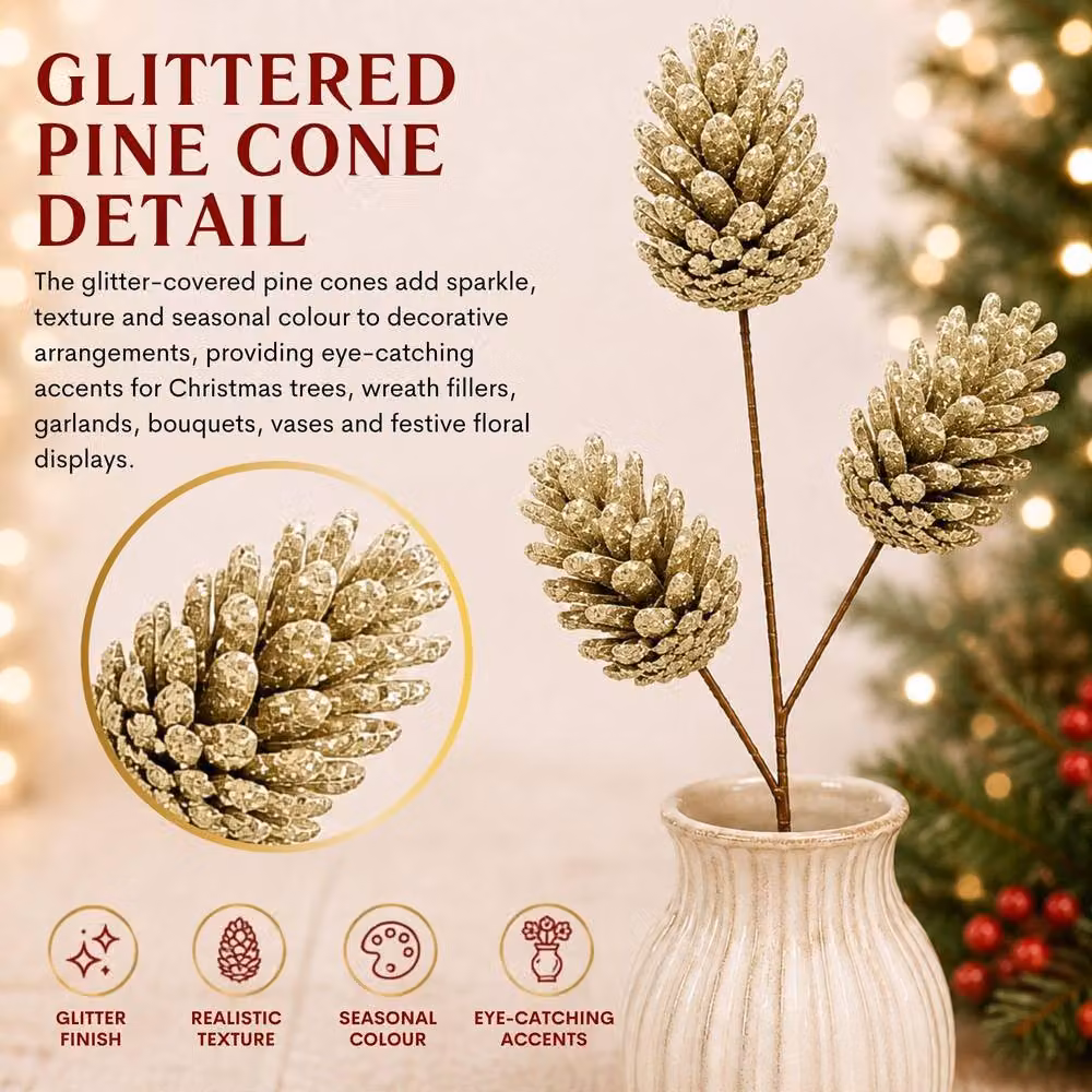 Shatchi Gold Glitter Champagne Pine Cone Christmas Picks, 18 Pack, Length: 58 cm – 4