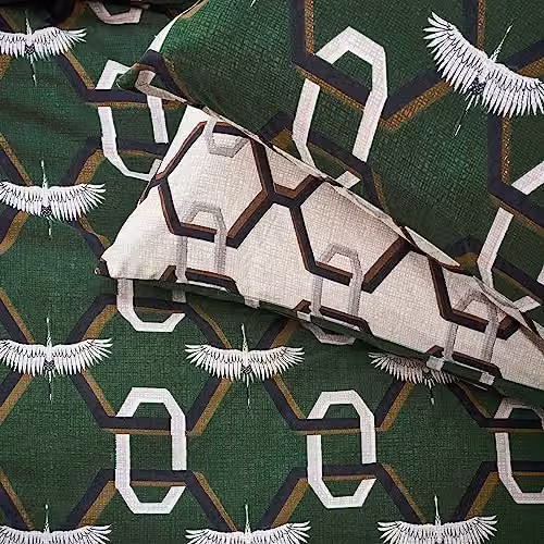 Furn Avalon Reversible Art Deco Graphic Duvet Cover and Pillowcase Set in Green and White, W/D/H: 140 x 200 cm – 2