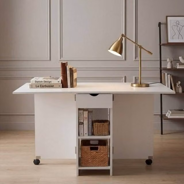 NESTLUNE White Foldable Drop Leaf Dining Table with Castors and Storage Shelf, W: 100 cm, D: 15 cm – 1