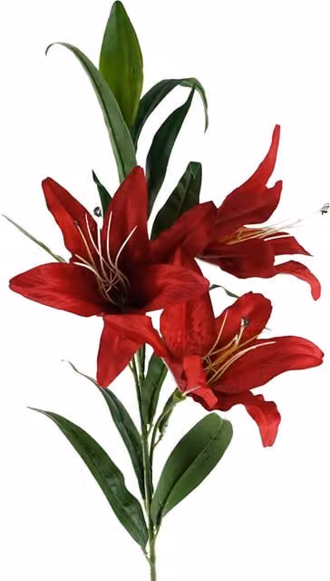 Single Large Red Textile Lily Stem with 3 Flowers and Leaves