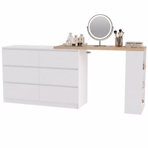 HOMCOM Modern White Dressing Table with 3-Tier Shelf and 6 Drawers, W/D/H: 130 x 40 x 80 cm