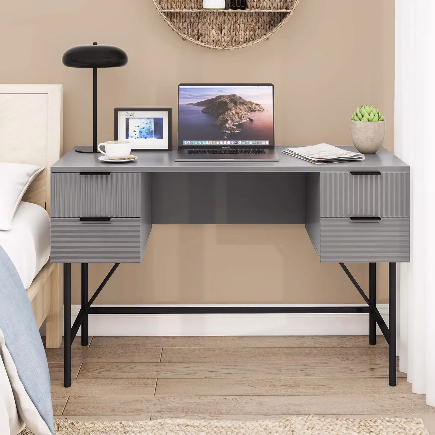 Gymax Modern Home Office Computer Desk with Metal Legs in Grey, Width: 120 cm – 2
