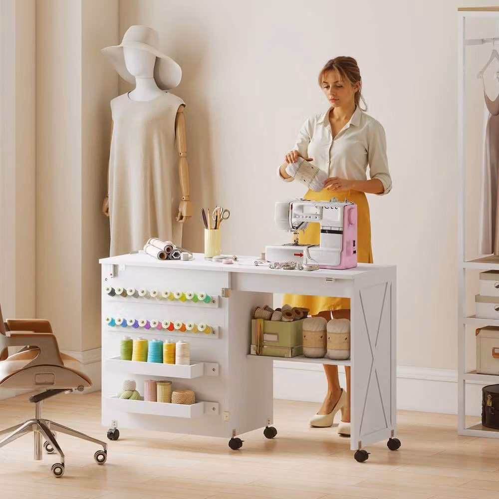 HOMCOM Folding Sewing and Craft Table with Storage Compartments and Castors, White – 2