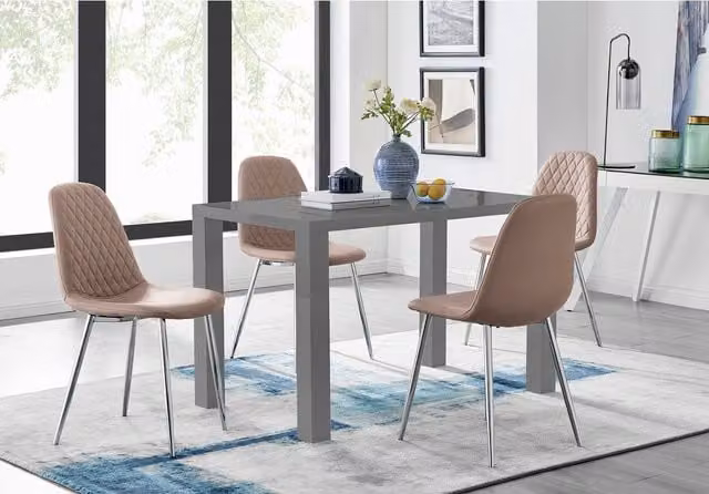 FurnitureboxUK Pivero Grey High Gloss Rectangular Dining Table and 4 Corona Silver Chairs in Cappuccino