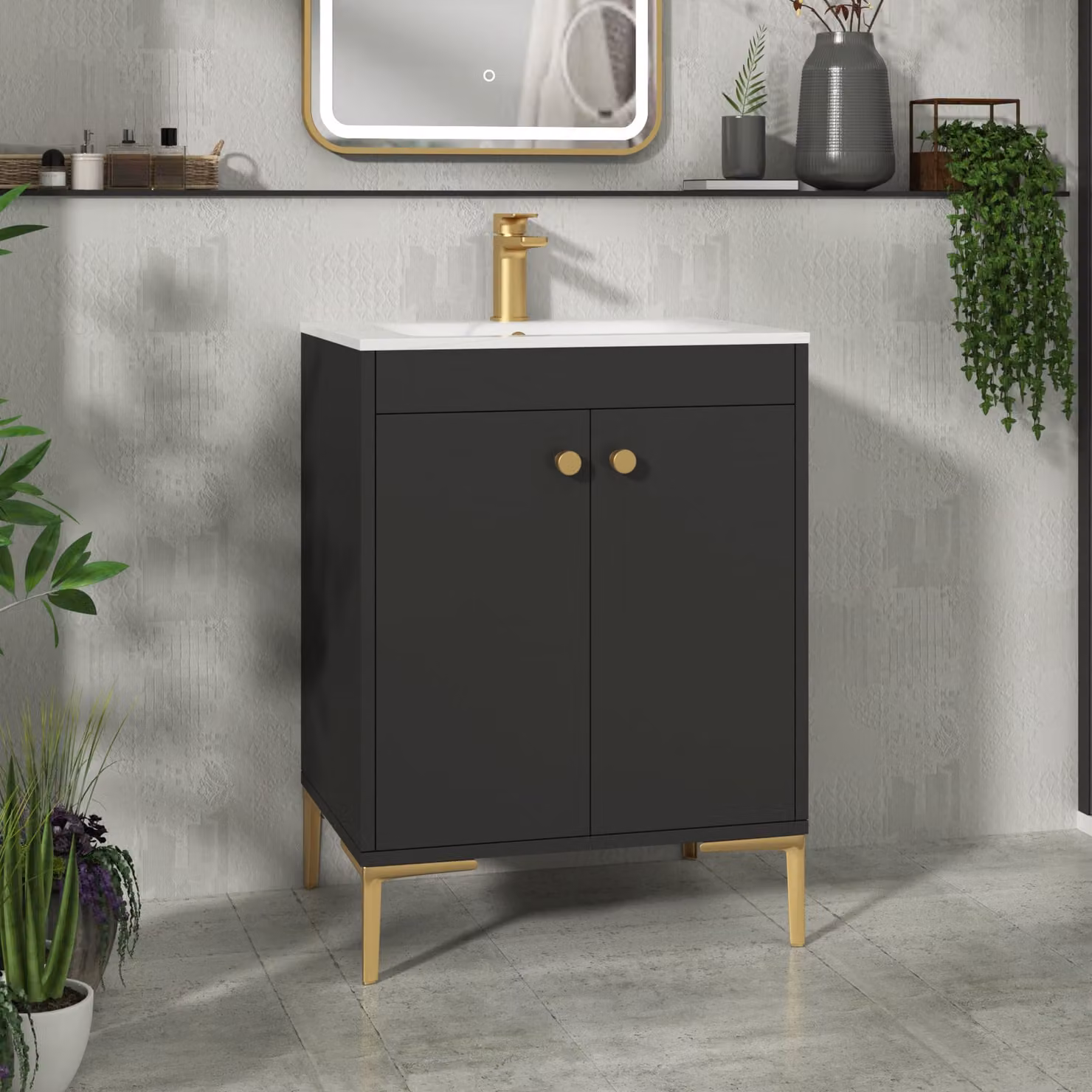 Royal Bathrooms Verona 600mm Matt Black Floor Standing 2 Door Vanity Unit with Carrara White Basin and Brushed Brass Knob