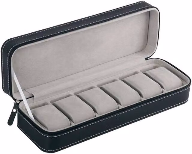 Hinsinc 6 Slot Black PU Leather Watch Travel Case