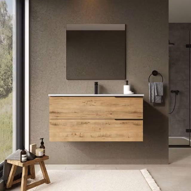 Banyetti Celtic 1000mm Wall Hung Bathroom Vanity Unit with Athena Basin in Light Oak Ostippo W: 100 cm, D: 45 cm, H: 45 cm