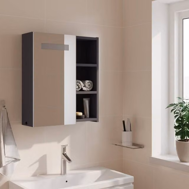 Berkfield Home Grey Bathroom Mirror Cabinet with LED Lighting, W/D/H: 45 x 13 x 52 cm – 1