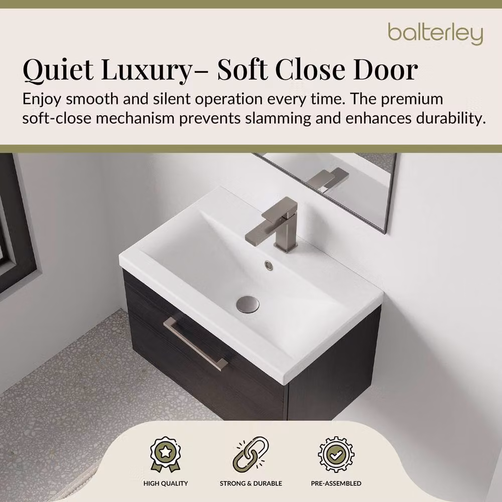 Balterley 600mm Wall Hung 1 Drawer Vanity Unit in Woodgrain Black with Pewter Handle – 3