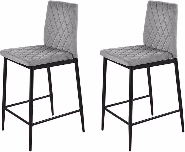 Garden Sanctuary Set of 2 Grey Velvet Upholstered Bar Stools with Black Metal Geometric Frames – 1