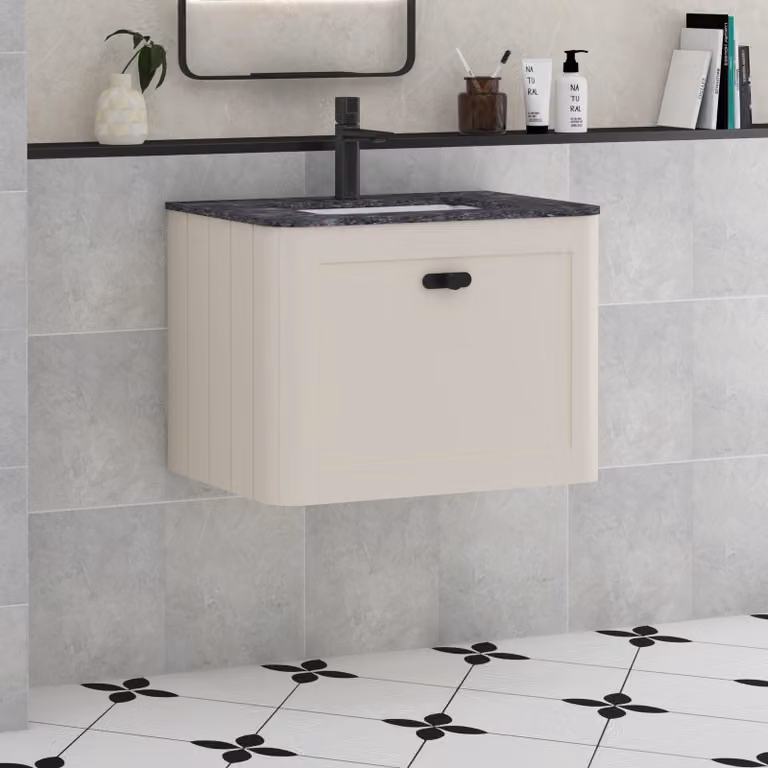 Royal Bathrooms Henley 600mm Wall Hung Vanity Unit in Mushroom Cashmere with Black Star Stone Top and Matt Black Knob
