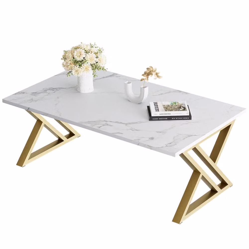 Huhote Modern White Geometric Coffee Table with Metal Frame and Glass Top – 2