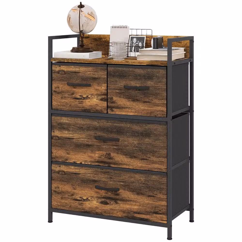 FURNOS Industrial 4 Fabric Drawer Chest Storage Unit with Shelftop in Brown – 5