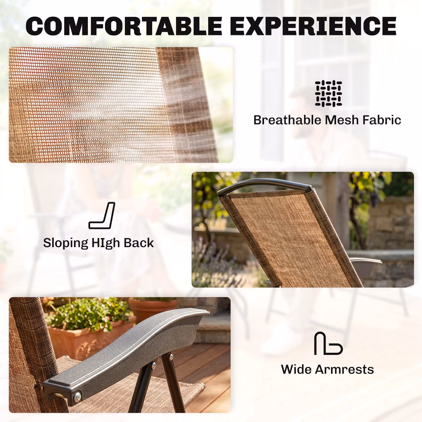 Outsunny 3 Piece Garden Bistro Set with Round Tempered Glass Table and 2 Folding Chairs in Brown – 5