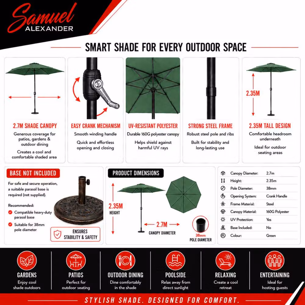 Samuel Alexander Green Havana Garden Patio Parasol with Crank Handle, W: 270 cm, H: 235 cm – 6