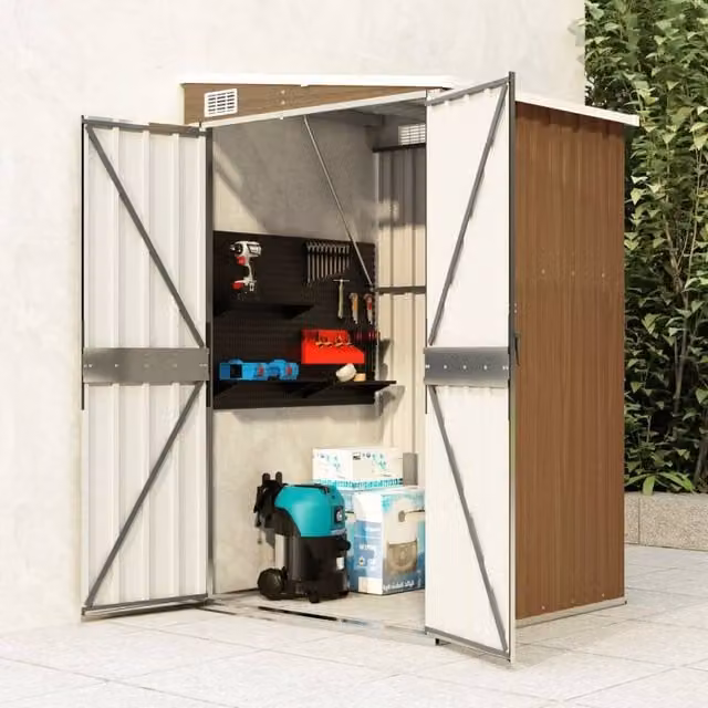 Berkfield Home Wall-mounted Lean-to Garden Shed in Brown Galvanised Steel, W/D/H: 118 x 100 x 178 cm – 1