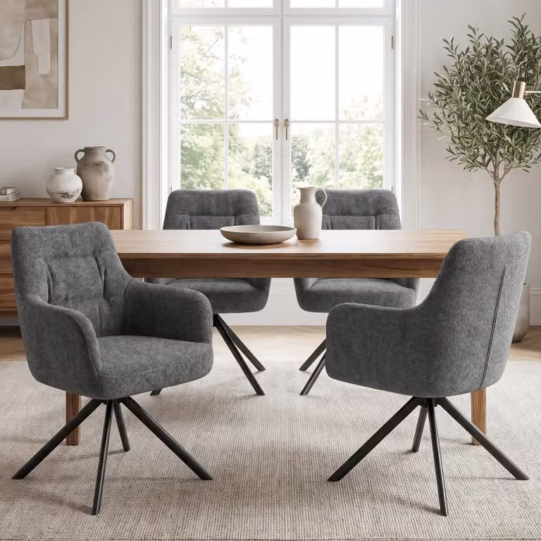 DHS Set of 4 Swivel Boucle Dining Chairs with Armrests in Dark Grey