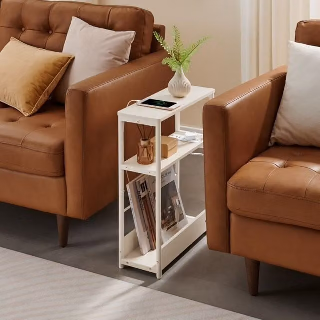 The Bazaarist Slim Nightstand with USB Charging Station and Magazine Rack in White
