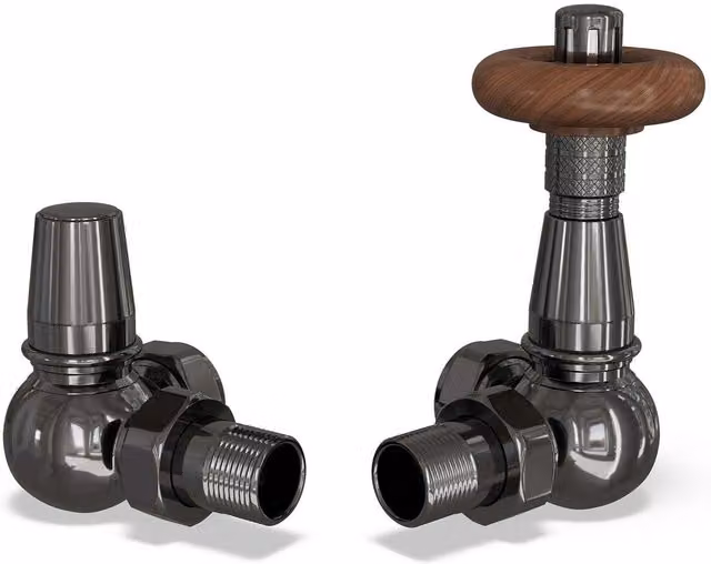 Derry Traditional White Thermostatic Radiator Valve and Lockshield Angled Set in Black Nickel with 8mm Valve Reducers