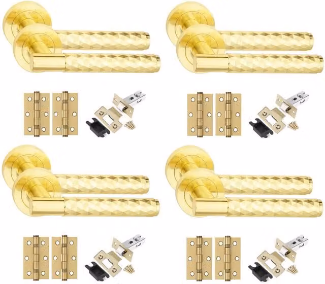 Golden Grace Knurled T-Bar Door Handle Set with Diamond Cut, Ball Bearing Hinges and Latch, Brass, 4 Pack