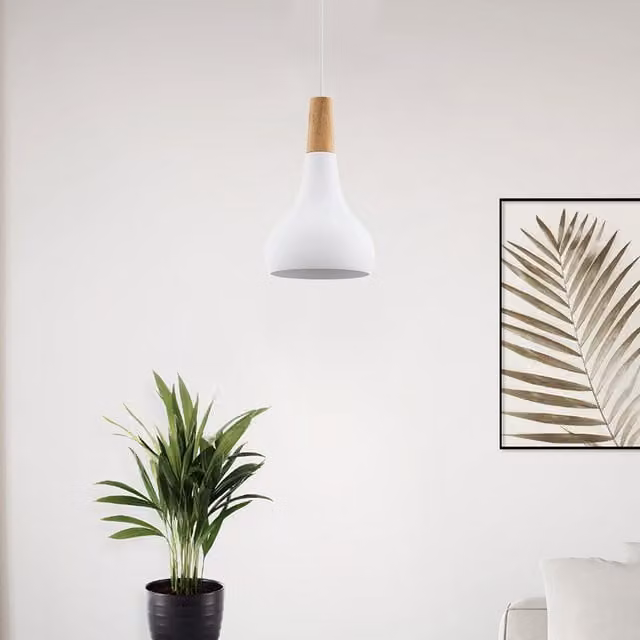 Eglo Sabinar Single Pendant Light in White and Wood Finish