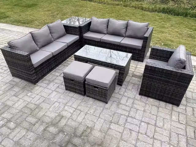 Fimous Dark Grey Rattan Garden Furniture Lounge Sofa Set with Oblong Rectangular Coffee Table and Armchairs