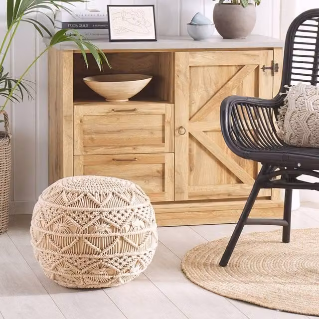 Wyld and Coco Beige Knitted Cotton Pouffe - Chunky Crochet Cylindrical Footstool W/D/H: 40 x 40 x 40 cm