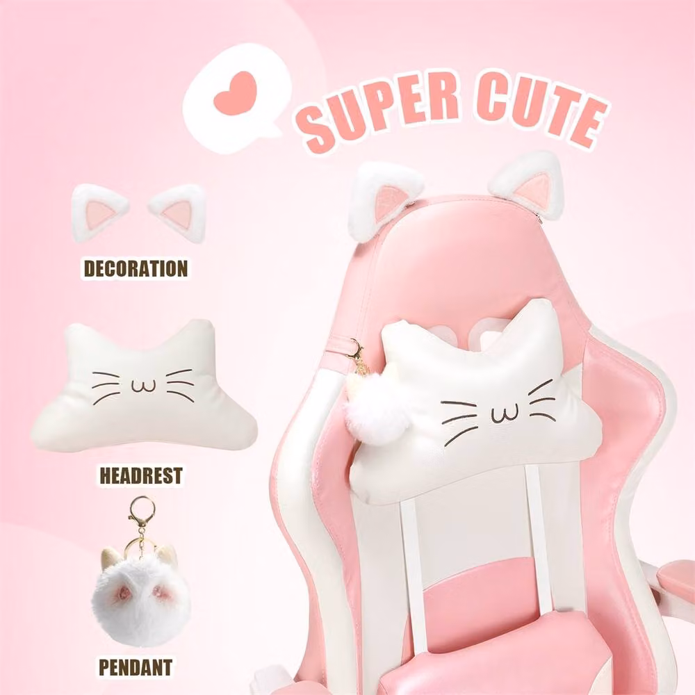 NESTLUNE Pink Gaming Chair with Cat Ears and Headrest, Synthetic Leather, W/D/H: 100 x 100 x 78 cm – 1