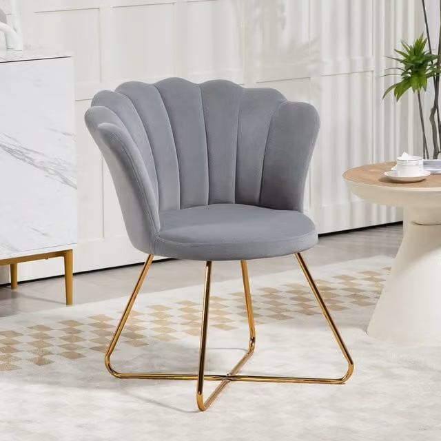 HOMCOM Grey Velvet Art Deco Accent Chair with Lotus Backrest and Metal Legs