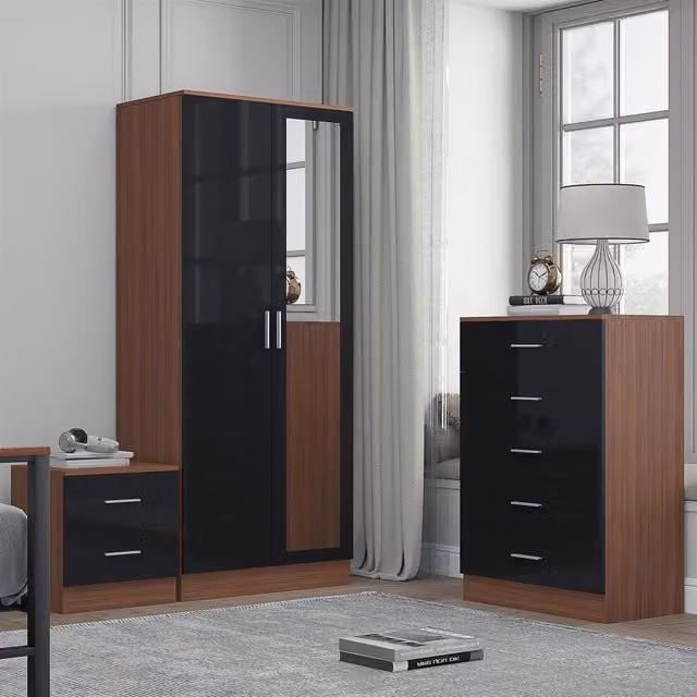 REFLECT Bedroom Furniture Bundle including 2-Door Mirror Wardrobe, Chest of Drawers and Bedside Table in Black Gloss and Matt Walnut