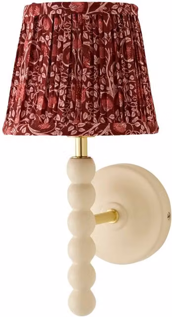 ValueLights Bobbin Cream Wooden Wall Light with Burgundy Floral Pleated Fabric Shade