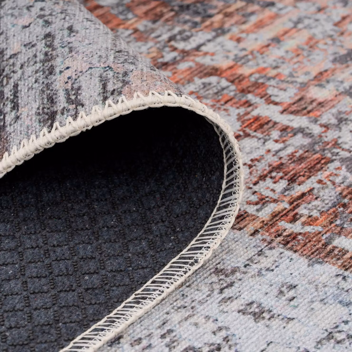Kukoon Grey and Multicolour Abstract Distressed Non-Slip Washable Low Pile Rug, W: 80 cm, L: 300 cm – 4