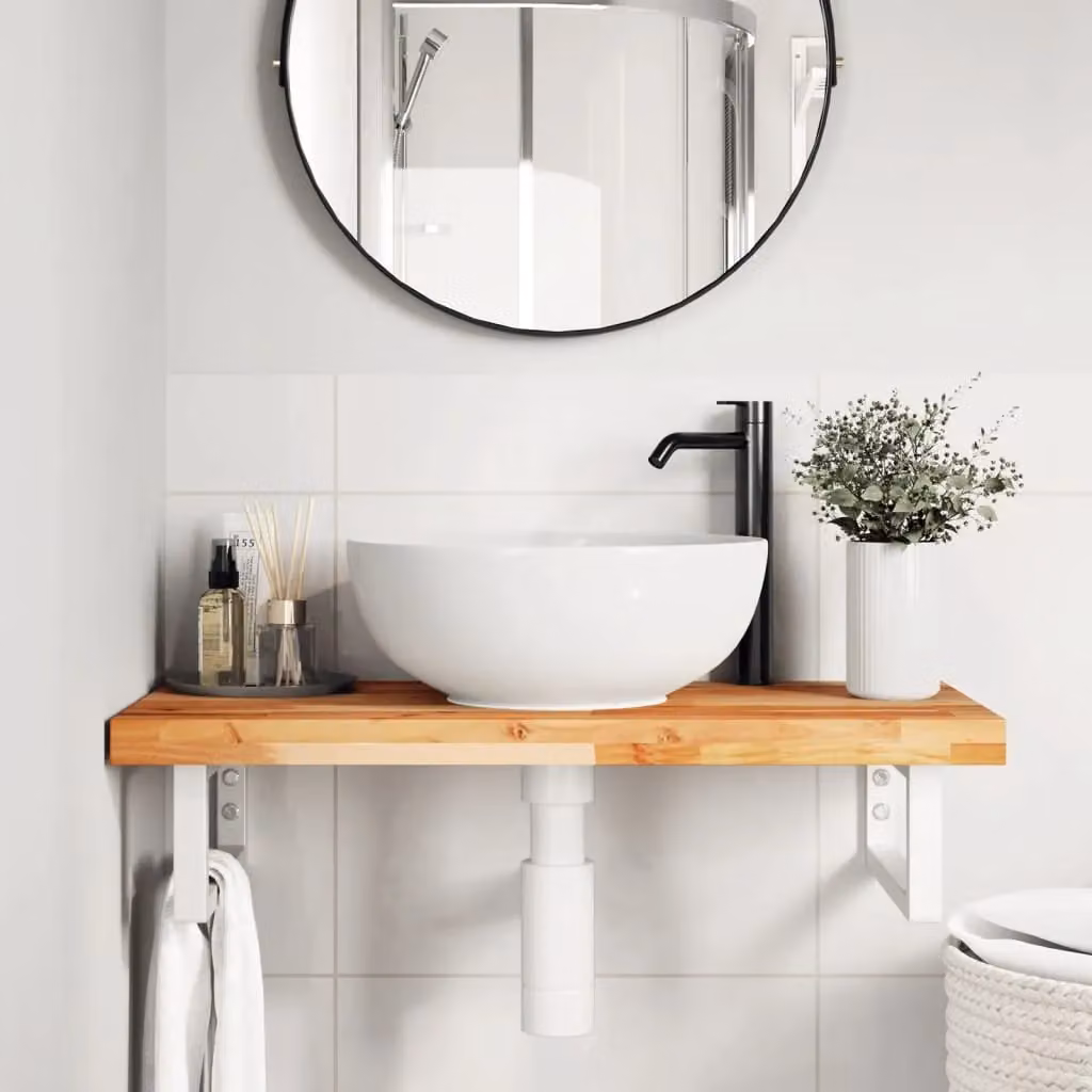 Berkfield Home Wall Mounted Basin Shelf in Brown Acacia Wood and Steel – 2